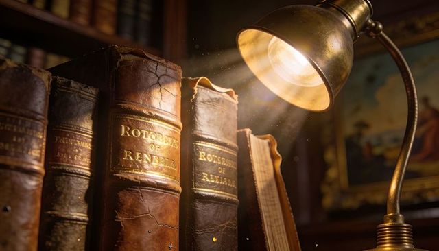 Antique leather-bound law tomes on shelf with warm brass lamp casting dust motes