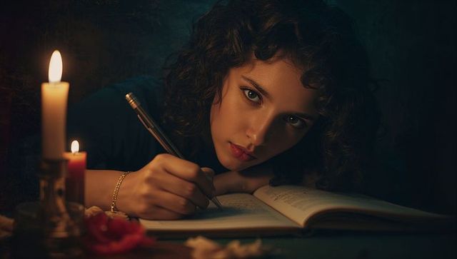 Introspective Teen Girl Writing by Candlelight at Study Corner