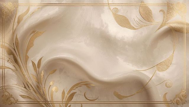 Luxurious Cream Silk Wall Panel with Gold Botanical Flourishes and Ornate Gilded Frame