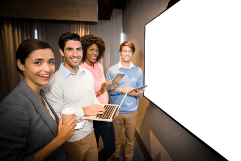 Collaborative business team presenting at office meeting with black transparent screen