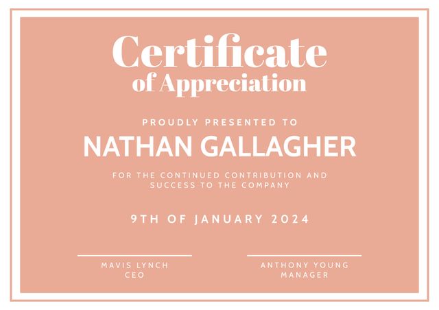 This editable and printable certificate of appreciation template features a pink background with white text, ideal for recognizing contributions and success in a professional setting. Includes space for management signatures. Perfect for use in corporate environments, events, schools, and organizations to acknowledge achievements and hard work.