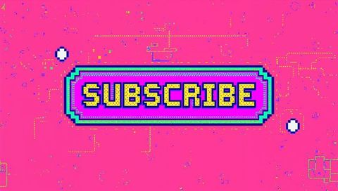 Pulsing 8-bit subscribe badge on neon pixel arcade background for streamers & channels