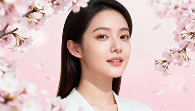 Smiling asian woman posing among cherry blossoms, pastel spring beauty portrait