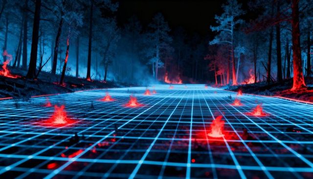 Neon grid forest landscape with glowing cyan plane and scattered red flame pockets