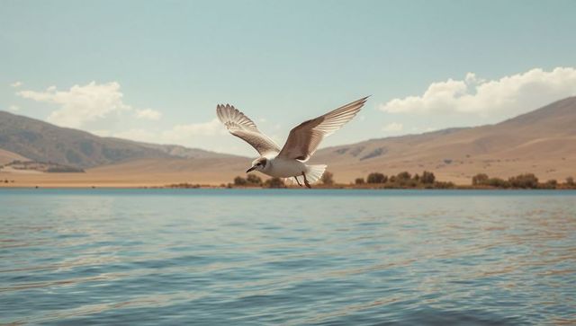 Serene Seabird Gracefully Gliding Over Tranquil Lake