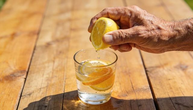 Wrinkled hand squeezing lemon over glass with slices on sunlit rustic wooden summer table
