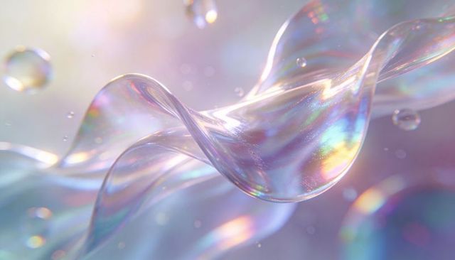 Iridescent ribbon flowing through pastel prismatic glow with floating droplets bokeh spheres