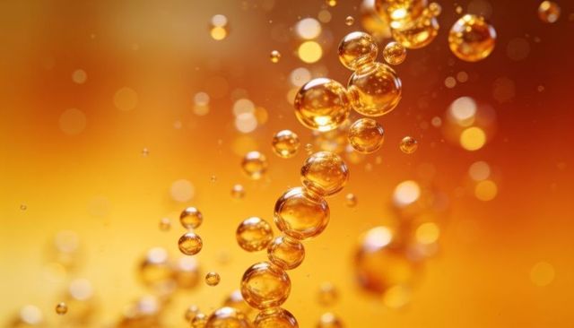 Amber oil droplets rising in macro, glowing reflective golden spheres with warm bokeh