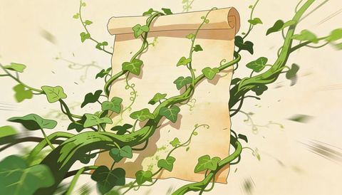 Unfurling parchment scroll embracing climbing ivy vines