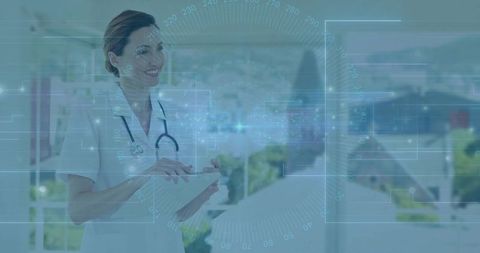 Smiling Female Doctor Using Futuristic Technology in Hospital Corridor