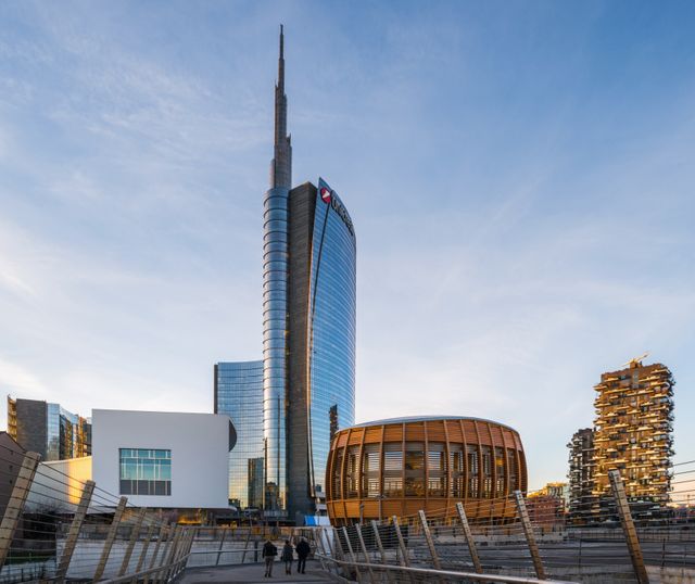 Modern skyline of Milano with tall skyscrapers and unique architectural structures. Ideal for use in articles about contemporary architecture, urban design, and travel guides to Italy. Suitable for advertisements or blogs focusing on modern cityscapes and construction developments.