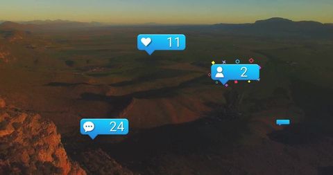 Drone capturing sunlit plateau with social media notification overlays during golden hour