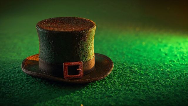 Worn Green Leprechaun Top Hat with Brass Buckle on Textured Emerald Surface