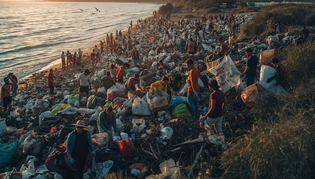 Volunteer beach cleanup at sunset removing plastic waste from coastline for conservation