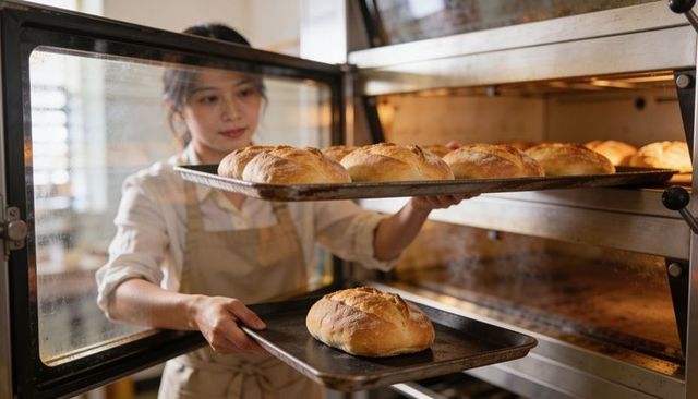 Female baker removing golden artisan loaves from commercial oven, rustic bakery scene