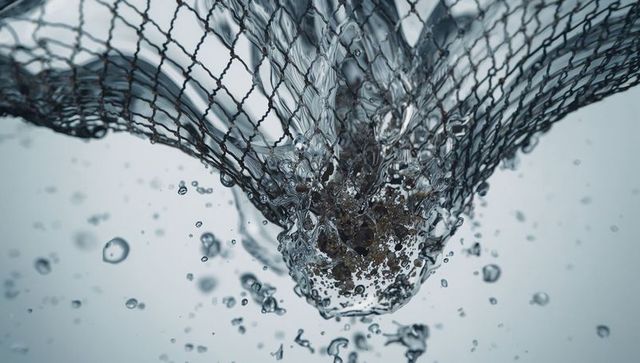Fine mesh net creating underwater vortex around sediment clump with suspended bubbles