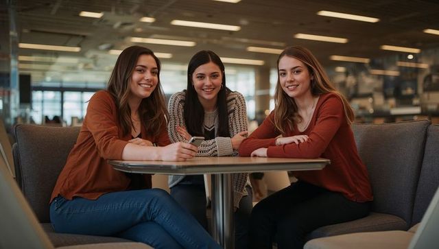 Three young women chatting in university lounge booth smiling, holding phone, casual style