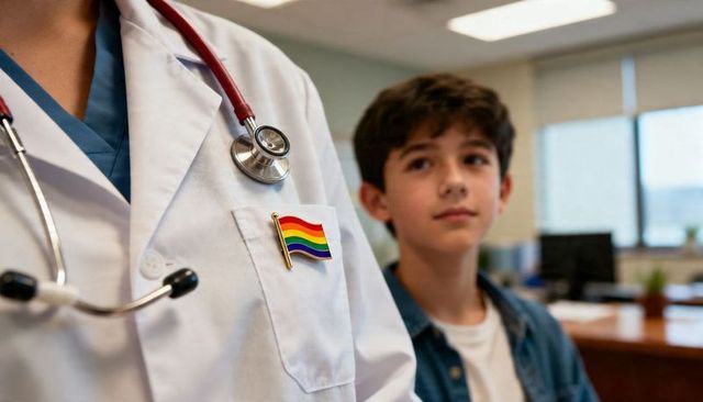 Healthcare professional wearing rainbow pin supporting LGBTQ+ youth in clinic consultation