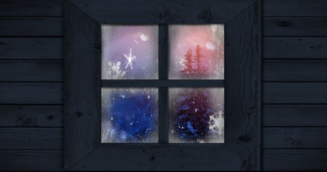 Snowy trees and winter weather viewed through icy window, conveying feeling of festive coziness and natural beauty. Useful for illustrating winter-themed articles, holiday greeting cards, or serene home decor concepts.