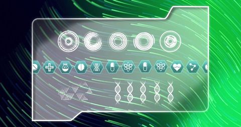 Futuristic medical interface with digital medical icons on abstract green background