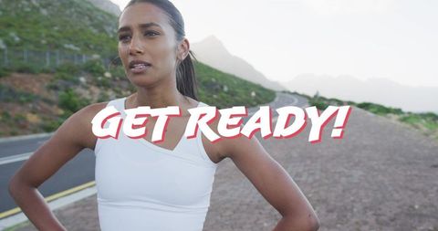 Woman Taking Break During Mountain Run with Motivational Slogan