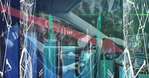 Driver navigating through futuristic digital interface