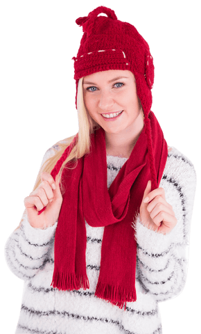 Cheerful Blonde Wearing Cozy Red Winter Accessories