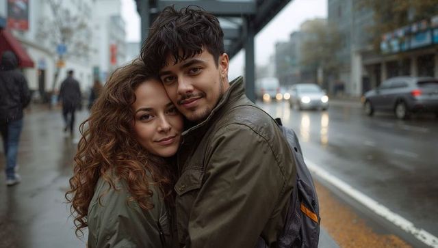 Young couple embracing on rainy urban street under shelter, warm intimate portrait