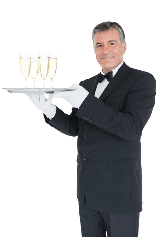 transparent smiling waiter holding tray with champagne glasses - Download Free Stock Videos Pikwizard.com