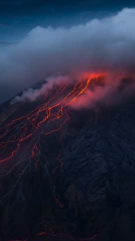 Vertical dusk eruption with glowing lava rivers and ash plume, aerial crater vent video