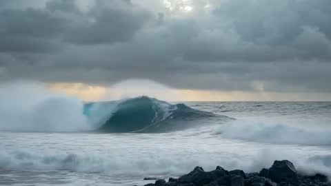 Majestic Ocean Wave Crashing on Volcanic Shores at Dusk