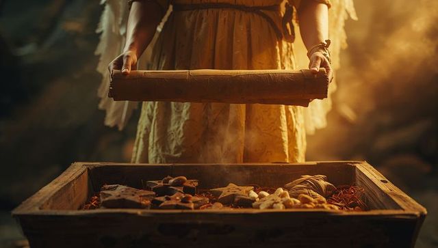 Woman unveiling treasures in vintage stone cellar scene