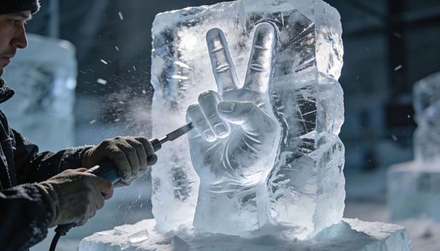 Sculptor carving ice victory hand using rotary tool in cold workshop