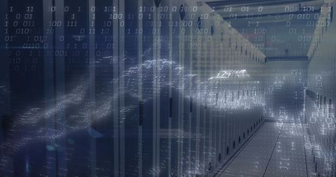 Digital Data Streams Flowing Through Networked Server Room