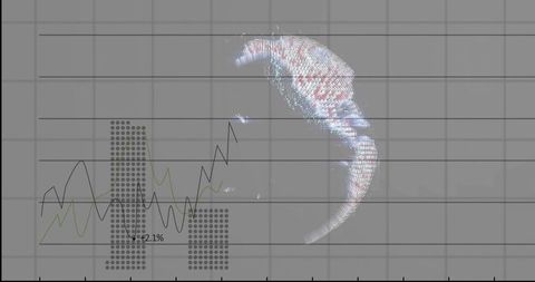 Abstract holographic point cloud and analytics overlay on gray grid with rising metrics