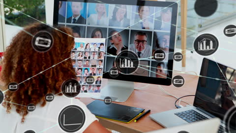 Digital Workforce Network Concept with Biracial Woman at Computer