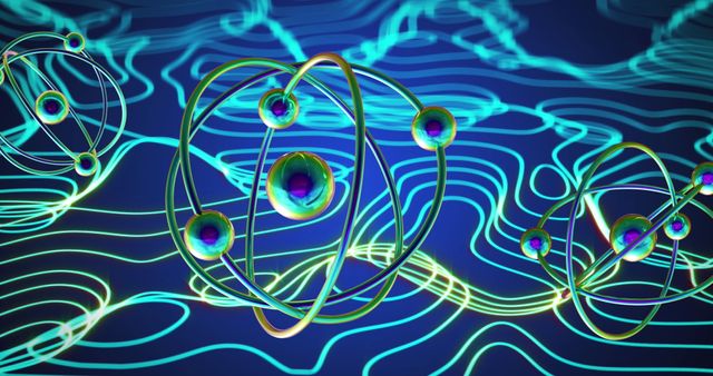 3D Atom Models with Quantum Field Visualization on Blue Background - Download Free Stock Images Pikwizard.com