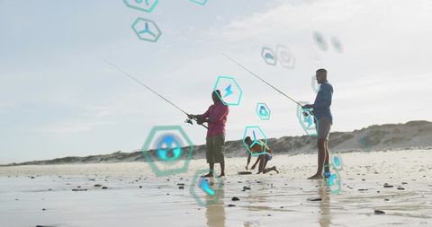 Multigenerational men casting fishing rods on wet shoreline with augmented reality overlays
