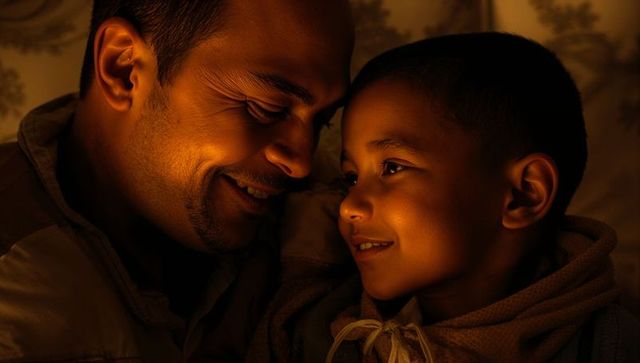 Father and son sharing warm bedtime moment foreheads touching in golden low light