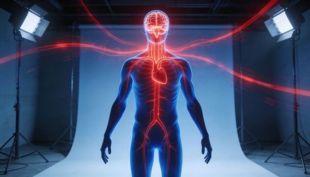 Glowing human anatomy highlighting brain, spinal cord and heart in studio medical concept