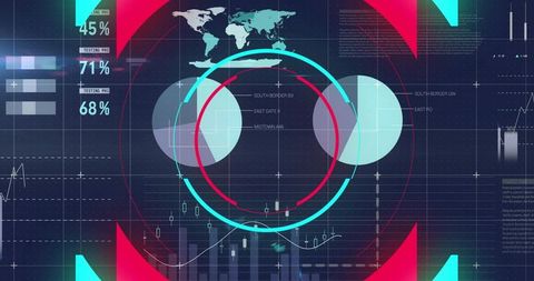 Displaying futuristic data hud with cyan magenta ringed arcs, global map, financial charts