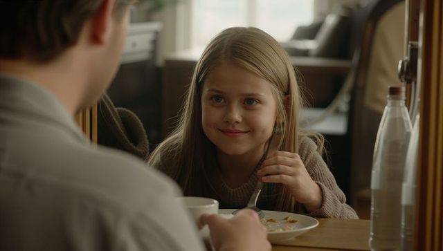Smiling little girl holding fork at cozy cafe table with adult guardian sharing breakfast