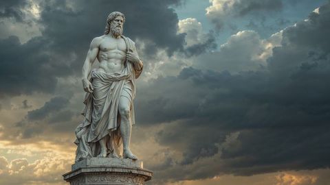 Marble statue amidst dramatic sky depicting classical artistry