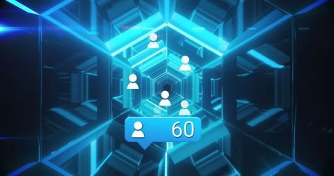 Digital networking: neon light tunnel with social media icons