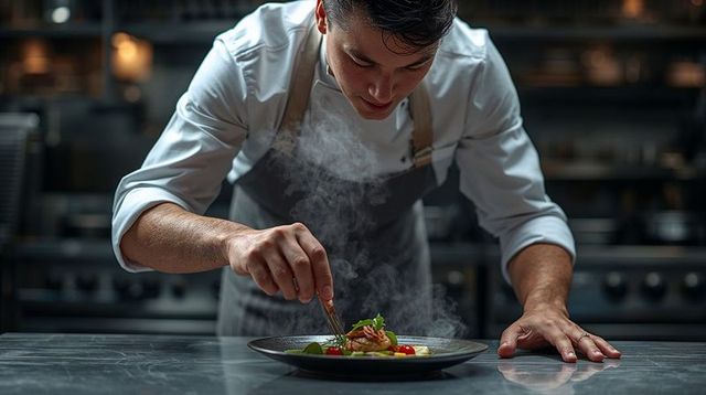 Chef plating gourmet dish with precision garnish and rising steam in professional kitchen