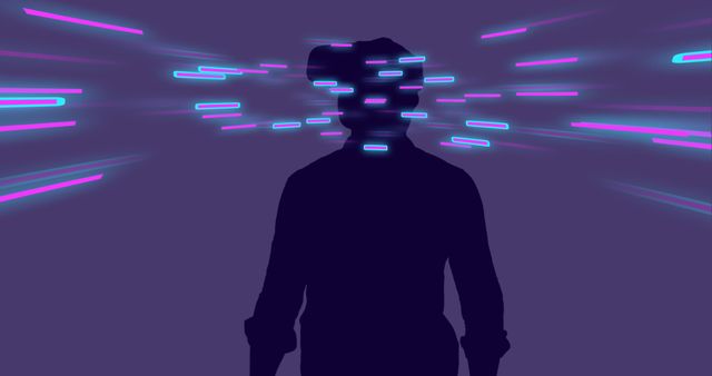 Image of glowing light trails of data transfer over man in vr headset. Global virtual reality, data processing, computing and digital interface concept digitally generated image.