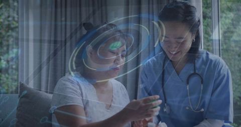 Nurse providing smart home eldercare with digital health interface and medication guidance