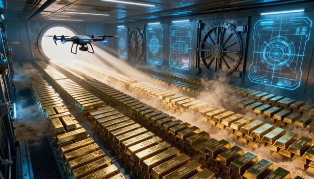 Autonomous drone surveying endless rows of gleaming gold bars inside ultra-secure futuristic vault