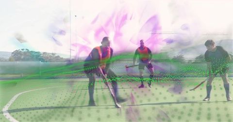 Field hockey players training with neon grid overlay and motion blur effects