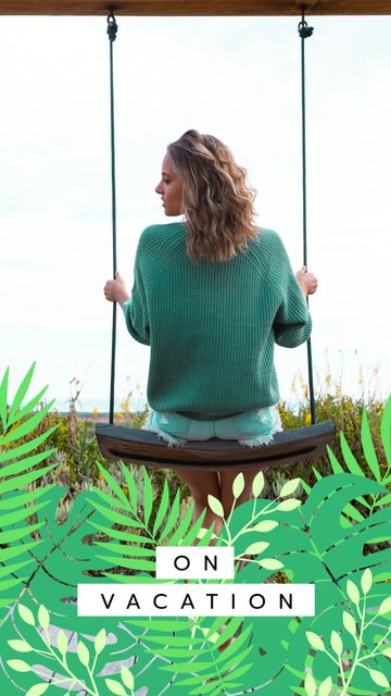 Composition of on vacation text with caucasian woman on swing and plants icons on white background. Snapchat filter maker concept digitally generated image.